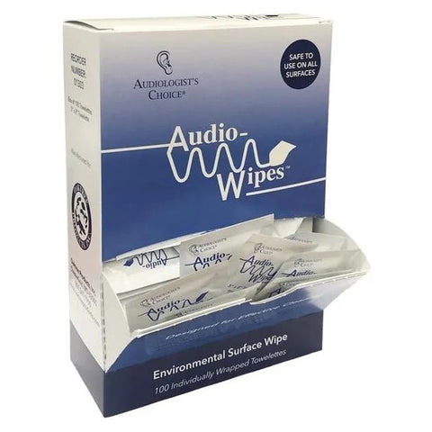 Box of Audio Wipes featuring Alcohol Free Hearing Aid Cleaning Wipes for Earbuds and IEMs 100 Towelettes displayed.