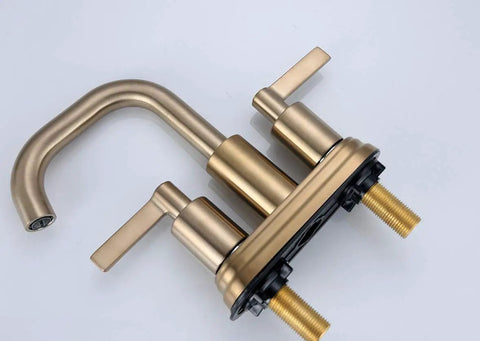 Brushed Gold Two Handle 4 Inch Centerset Bathroom Faucet With Push Up Pop Up Drain No Fuss Easy DIY Install Solid Brass Waterway