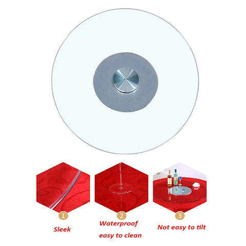 Top view of Circular Lazy Susan Turntable Plate For Dining Tables, 80cm glass rotating serving tray, smooth surface, silver base.