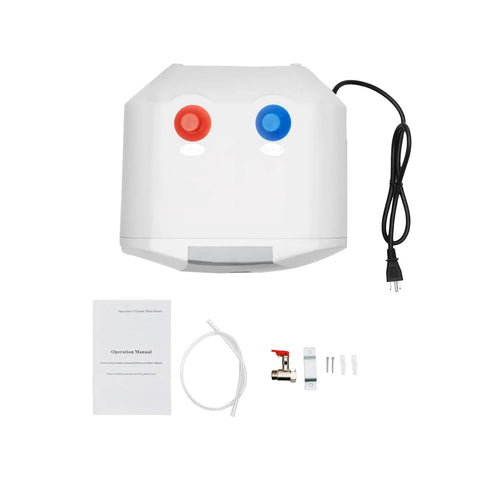 Compact Electric Mini Tank Water Heater With Ridiculously Fast 1500W Instant Hot Output Ideal For Under Sink Placement Delivers Smooth Warm Water Flow For Daily Needs With Dead Simple Setup top view with controls and accessories