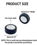DIY RC Car Wheel Set With 20mm Small Rubber Tires And 2mm Round Shaft Axles product size details in black and white graphics