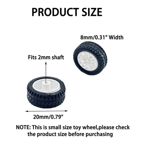 DIY RC Car Wheel Set With 20mm Small Rubber Tires And 2mm Round Shaft Axles product size details in black and white graphics