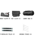 Components of Black Backyard Golf Practice Net With Target Cloth And Carry Bag, Easy Setup Hitting Net, including poles and stakes.