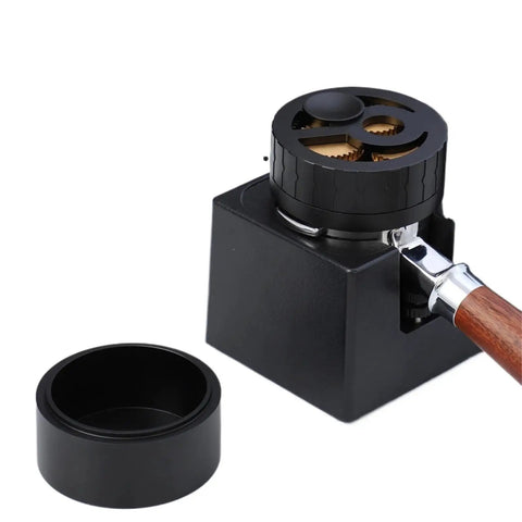 Straight Up Magnetic Coffee Dosing Ring Adjustable Portafilter Adapter With Precision Star Needle Spreader Heavy Aluminum Espresso Funnel No Sweat 51mm Basket Setup For Sharp Baristas top view with wooden handle