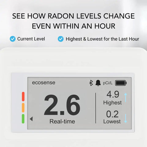 Continuous Home Radon Detector With Battery Power And Display Super Fast Readings For Quick Easy Home Safety Checks EF100 Style Smart Radon Sensor Fast Easy To Read Digital Display And Battery Operated For Portable Home Monitoring real-time display showing 2.6 pCi/L and hourly highs/lows