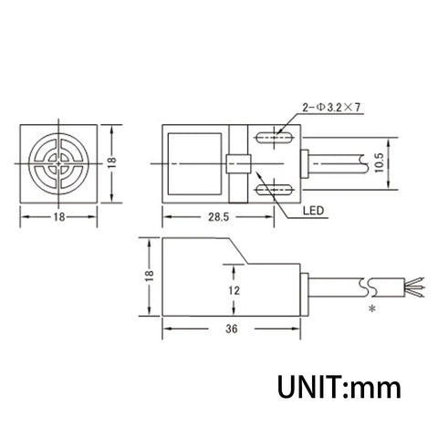 Technical drawing of Inductive Proximity Sensor Switch NPN Normally Open 4mm Detection 3 Wire DC 10 To 30V SN04-N dimensions in mm