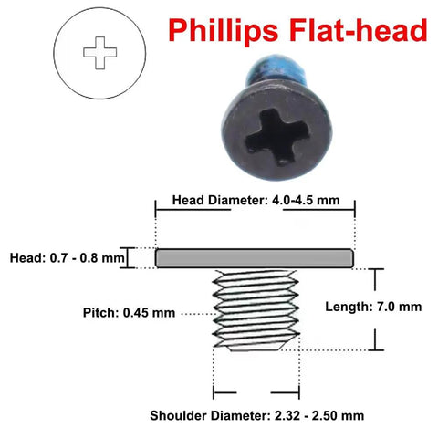 Top Tier M2.5 X 7.0mm Phillips Flat Head Screws 10 Pack Nickel Plated showing detailed dimensions and head design.