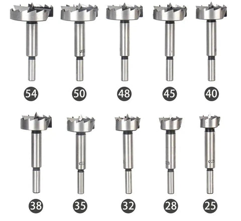 Top Shelf 16 Piece Wood Drill Bit Set With Tungsten Carbide Tips showing various drill bit sizes and shapes for woodworking.