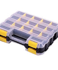 Double Sided 34 Compartment Hardware Organizer Box With Removable Dividers Transparent Durable Plastic Case closed view.