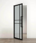 36 In By 84 In Full Lite Opaque Frosted Glass Interior Pivot Door With Black Steel Frame And Pivot Hinge Hardware Kit installed view