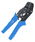 Ratcheting Wire Crimping Tool With High Precision Terminal Crimper Multifunction Automatic Crimping Pliers, blue handles, close-up view