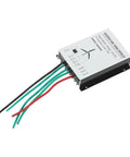 Vertical wind turbine controller with gray metal housing and multi-wire harness for 12V system