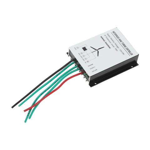 Vertical wind turbine controller with gray metal housing and multi-wire harness for 12V system