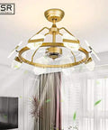 Modern Iron Ceiling Fan With Built In Led Light Combo Featuring Slick Nordic Lines Hella Smooth Variable Speed Options And Rich Coffee Blades For A Top Tier Living Room Setup in a gold finish with unique blade design.