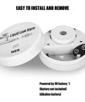Two-Pack Battery Operated Water Leak Alarm Sensor With 90dB Alarm showing open casing for 9V battery installation, no battery included