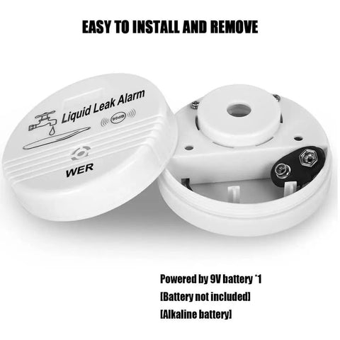 Two-Pack Battery Operated Water Leak Alarm Sensor With 90dB Alarm showing open casing for 9V battery installation, no battery included