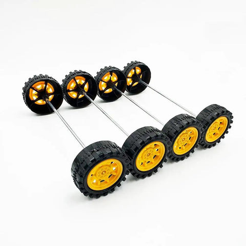 20Pcs 34mm Toy Car Wheels With 10Pcs 2mm Shafts And 100mm Axles For RC Cars with yellow centers and metal rods