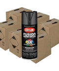 60 Pack Of 12 Oz Black Gloss Spray Paint And Primer Bundle Boasts Hella Tough Bonding with Krylon Fusion can in front of cardboard boxes.