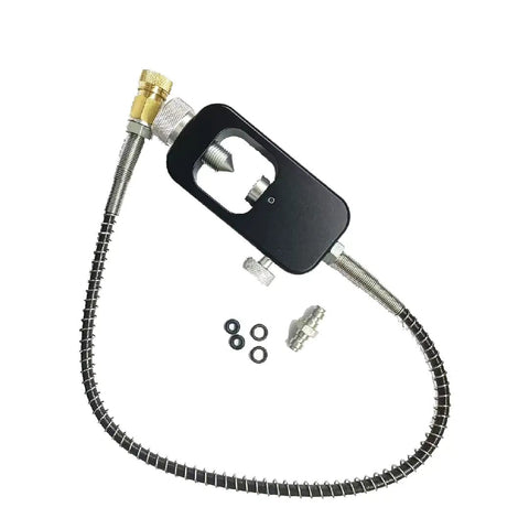 High Pressure Scuba Tank DIN Valve Adapter with 8mm Female Quick Disconnect, 20 Inch Spring Protector Hose displayed on white background