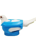 Durable Plastic Pigeon Holder For Feeding And Meds, Fixed Mount Bird Fixer Rack with white pigeon fixed in blue holder.