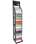 Heavy Duty Floor Tile Display Rack And Sample Organizer Shelf, iron rack holding 12 colored tiles, freestanding design for trade shows.