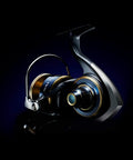 Saltiga Spinning Reel 20 14000-XH 2020 Model, heavy-duty offshore, egg knob handle visible, dark background, side view