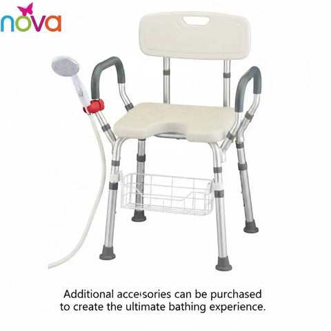 Senior Friendly No Fuss Bath And Shower Chair With Back Padded Removable Arms U Shaped Hygienic Cutout Adjustable Height Aluminum Frame Non Slip Safety Tool Free Assembly 300 Lb Capacity For Easy Safe Showers with showerhead attachment