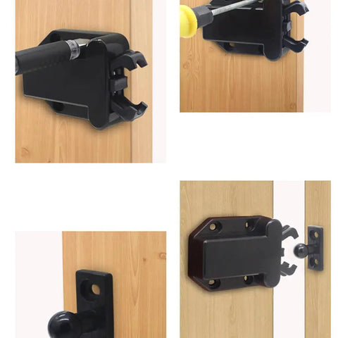 Non Magnetic Door Push Latch For Single Doors installed on wooden cabinet with adjustable spring clip, black ABS material.