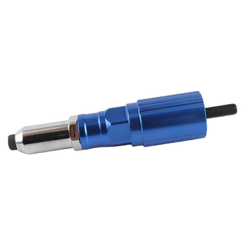 Heavy Duty Cordless Rivet Gun Adapter For Drills With Four Piece Aluminum Rivet Nut Kit showing blue aluminum tool for auto restoration.