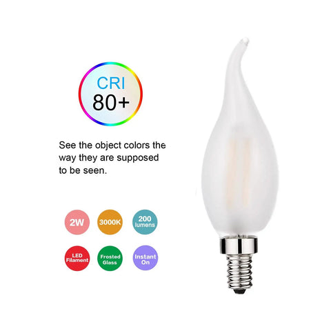 LED Candelabra Bulb 25W Equivalent 3000K Soft White Warm Glow Flame Tip Frosted Glass E12 Base Dimmable