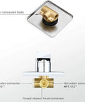 Brass concealed body with chrome finish, detailed connectors of Chrome Shower Faucet Set With Rough In Valve Luxury Bathroom Rain Shower System.