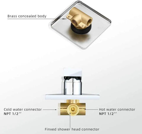 Brass concealed body with chrome finish, detailed connectors of Chrome Shower Faucet Set With Rough In Valve Luxury Bathroom Rain Shower System.