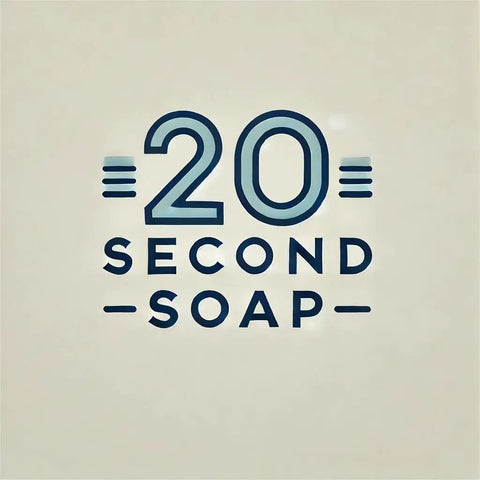 20 Second Soap logo in blue text on beige background