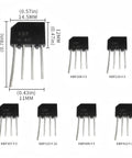 Six Types Rectifier Bridge Kit With Forty Pieces Includes KBP206 KBP210 KBP307 KBP310 KBP406 KBP410 4 Pin Rectifier Bridges For AC DC Power Supplies Motor Drives And DIY Electronics In A Neatly Labeled Case, shown with size dimensions