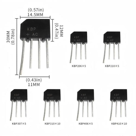 Six Types Rectifier Bridge Kit With Forty Pieces Includes KBP206 KBP210 KBP307 KBP310 KBP406 KBP410 4 Pin Rectifier Bridges For AC DC Power Supplies Motor Drives And DIY Electronics In A Neatly Labeled Case, shown with size dimensions