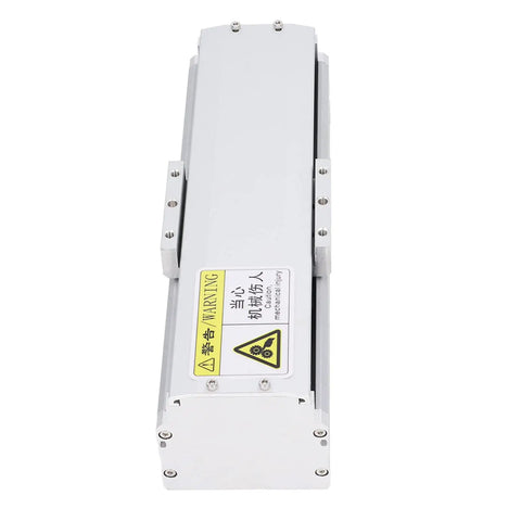 Sturdy Electric Linear Rail Guide For Race Scene With 100mm Rail and Aviation Aluminum Build, showing top view with safety warning.
