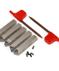 Five YUFUTOL mini indexable lathe turning tools with 5/16" shank, nickel-plated carbide inserts, red tool handles.
