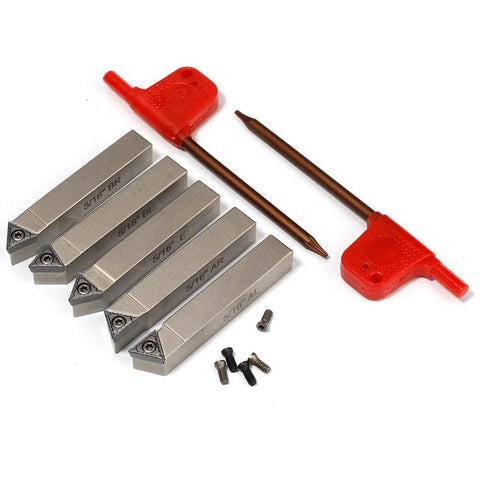 Five YUFUTOL mini indexable lathe turning tools with 5/16" shank, nickel-plated carbide inserts, red tool handles.