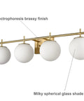 4-Light Brass Vanity Light with Milky White Glass Globes, Modern Wall Fixture for Bathroom or Powder Room, Brushed Brass Finish