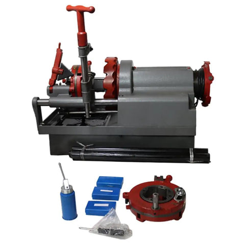 Heavy Duty Electric Pipe Threader Machine For 1/2 To 3 Inch Gas Water Pipes NPT Dies Automatic Retraction showing motor and accessories.