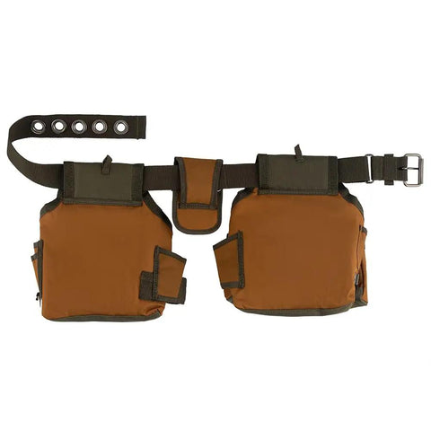 Two Bag Brown Tool Belt With Reinforced Pouch Bottoms, Barrel-Style Pouches, Infinity Belt Fits Up To 52 Inch Waist, Dual Hammer Loops