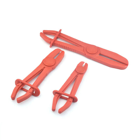 Top Notch 3 Pc Oil Pipe Clamp Tool Kit For Car Enthusiasts Line Pinchers And Sealers Perfect For Fixing Leaks Crushing Fuel Lines And Sealing Oil Pipes Like A Boss Without Breaking The Bank Today. 3 red plastic clamps on white background