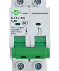 AC Miniature Circuit Breaker 2 Pole 40 Amp 120 240 VAC Din Rail Mount With Thermal Magnetic Trip C Curve 6kA DZ47 63 2P Solar Power MCB For Home Lighting Small Motors And Solar Systems Go To Choice front view, green lever