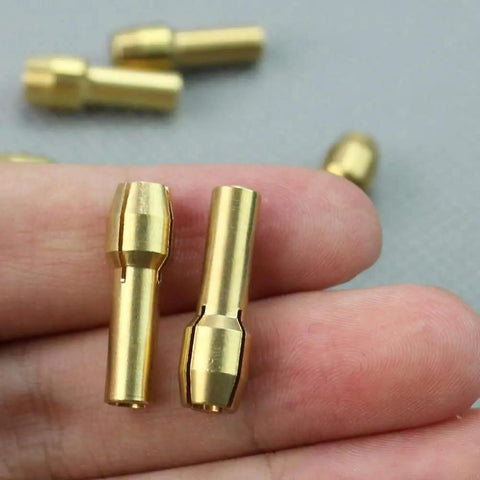 Top Tier Brass Drill Chuck Collet Bits Set With 3.17 Mm Shafts And Wide 0.5-3 Mm Range For Dremel Rotary Tools shown in hand.