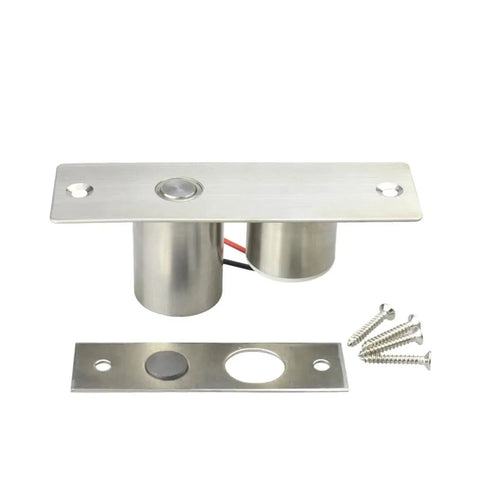 Heavy Duty Electric Drop Bolt Door Lock Featuring Sleek DC12V Magnetic Cylinder And Embedded Wire Design Plus Plug And Play Hardware, stainless steel construction with mounting hardware.