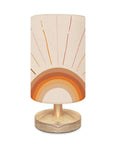 Minimalist Boho Bedside Lamp With Rainbow Sun Rays, solid wood base, flaxen fabric shade, chill modern desk lamp for any room.