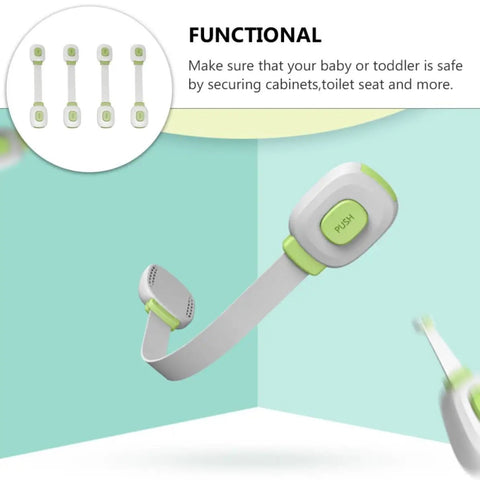 Childproof Cabinet Locks 4 Pack with Adhesive Backing safe green ABS and PE straps shown securing cabinets.