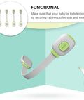 Image of Kid Proof Cabinet Locks Set 4 Pack Adhesive Safety Straps for Drawers and Cabinets. Close-up of lock with push button.