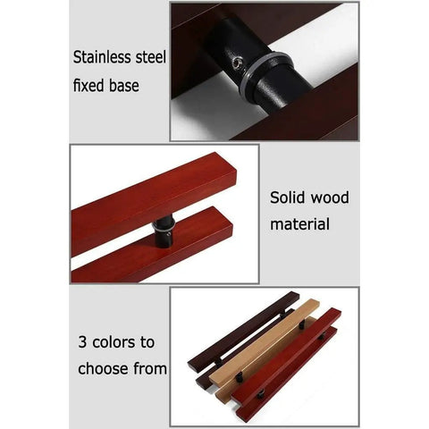 Solid Wood Glass Door Handle Set, Push Pull Style For Home And Hotel Doors, shown in three colors with sturdy base.