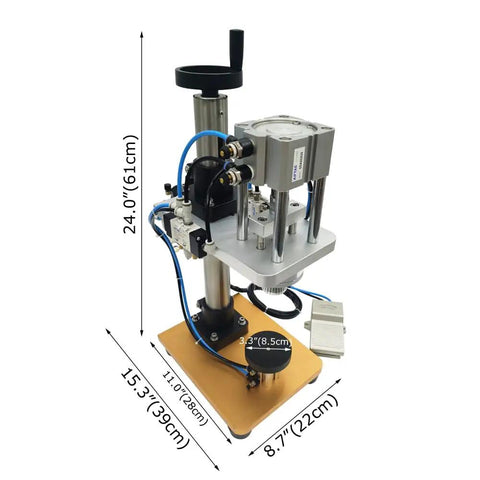IntXanth Pneumatic Perfume Bottle Crimping Machine 15mm Aluminum Cap Capper Sealer For Vials & Oral Liquid Spray Caps High-Speed Production Tool 800-1000 Bph Industrial Grade sealing equipment with blue hoses and control panel.